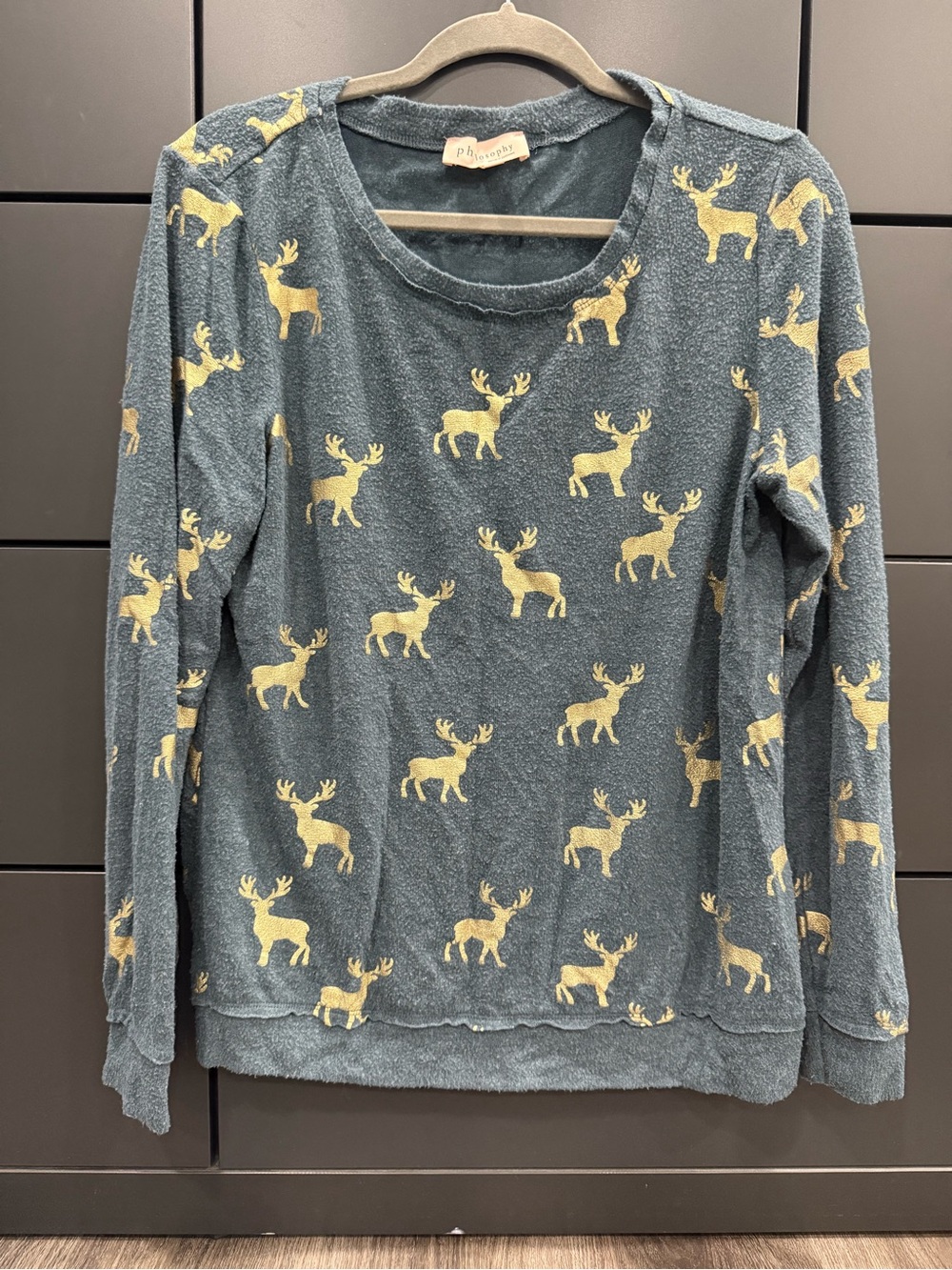 Blue Crewneck Sweater with Gold Deer Print